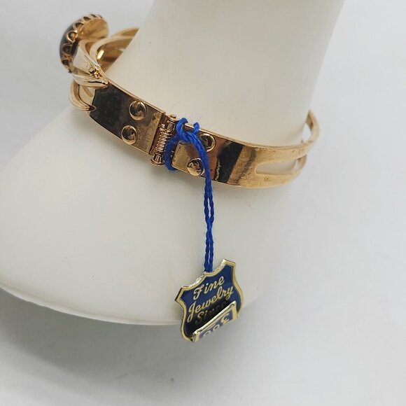 Vintage Gold Tone Hinged Bracelet With Blue Cabochon By Pcraft - Picture 3 of 5